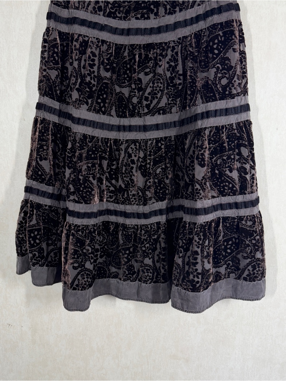 Garnet Hill Black Velvet Burnout Tiered Midi Skirt with Gray Bands - Picture 4 of 12